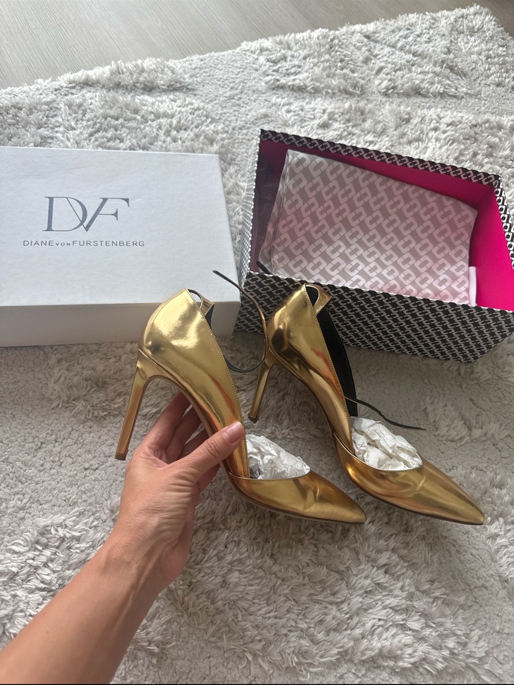 Diane Von Furstenberg Metallic Gold Pointed Toe Stiletto Heels